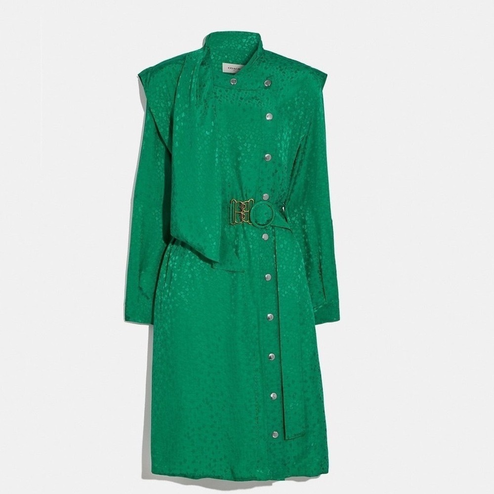 Coach 1941 Architectural Kelly Green Silk Dress Women Size 0 Jacquard Belted EUC